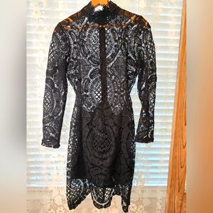 Black Embroidered Lace Fitted Dress, Large Goth, Little Black Mini Dress